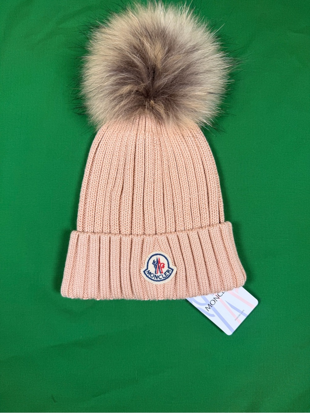 Moncler Women’s Ribbed Knit Peach Color Beanie Hat w/ Pom Pom NWT One Size - Picture 3 of 4